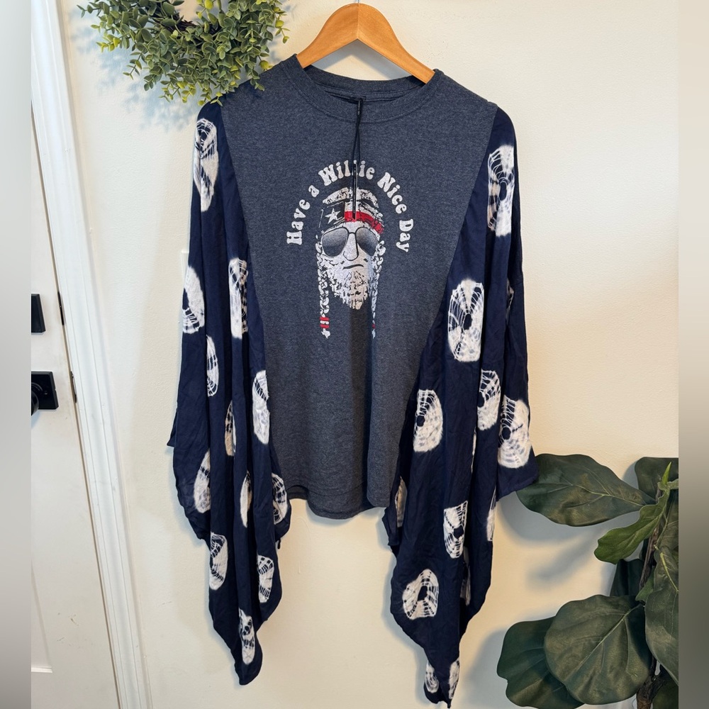Custom Willie Nelson Graphic Tee with Tie Dye Kimono Batwing Sleeves